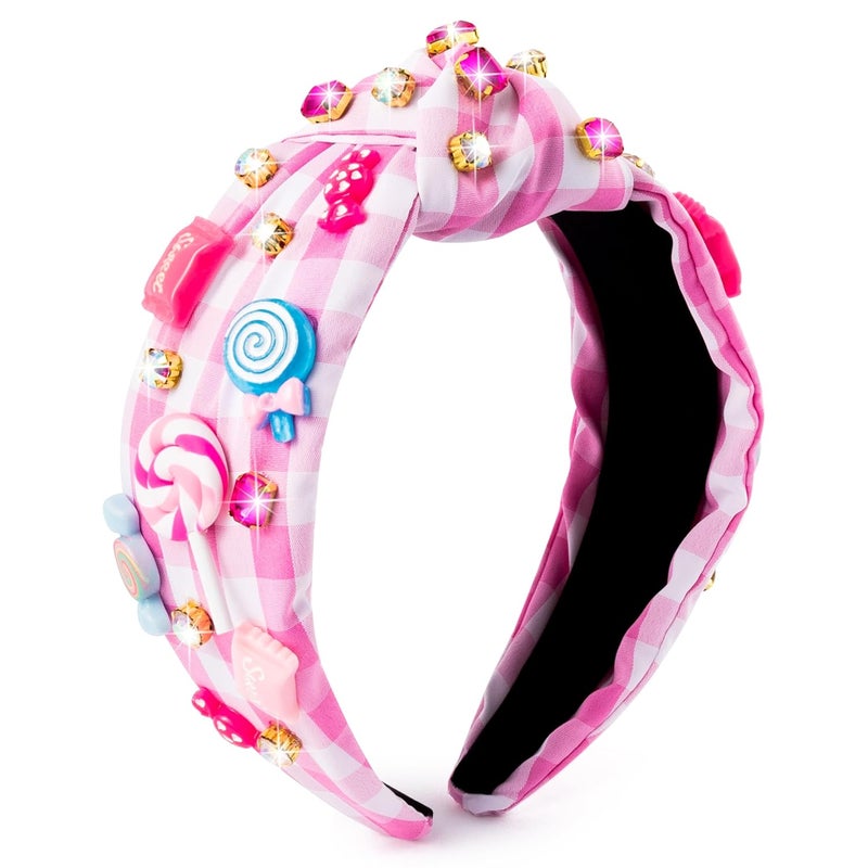 PANTIDE Candy Jeweled Knotted Headband - Christmas Sugar Lollipop Rhinestone Crystal Embellished Preppy Headband Wide Top Knot Hairband Hair Accessories Birthday Gift for Women Girls (Pink Plaid) - Image 1